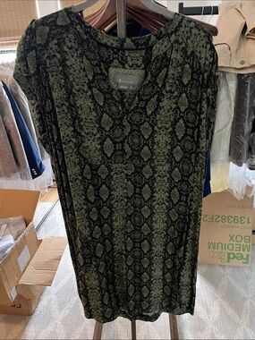 Anthropologie Olive Green and Black Snake-Print Midi Dress
